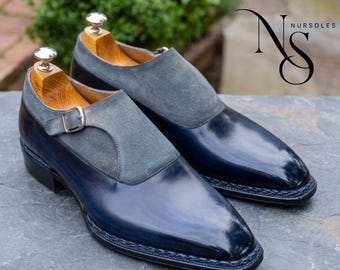 Handcrafted Navy Blue Patina Leather Monk Strap Shoes, Grey Suede Italian Style Formal Footwear