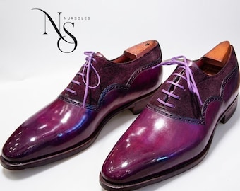 Handmade Purple Leather and Suede Oxford Shoes for Men