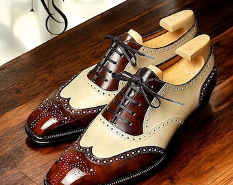 Handmade Brown Cream Brogue Leather Oxford Dress Shoes