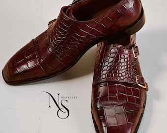 Men's Burgundy Crocodile Embossed Leather Double Monk Strap Shoes, Handmade Italian Style Loafers