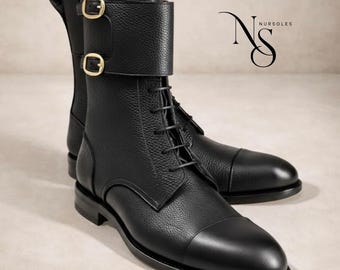 Handmade Men’s Black Leather Boots - Double Monk Strap Lace Up Combat Boots - Genuine Leather Dress Boots for Men - Custom Bespoke Footwear