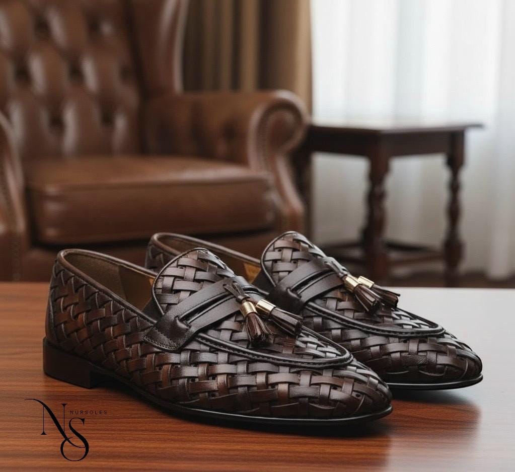 Men's Brown Hand-Woven Leather Tassel Loafers