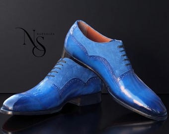 Custom Made Men's Blue Leather Oxfords, Hand-Finished Patina Dress Shoes, Bespoke Wholecut Formal Shoes, Groomsmen Gift