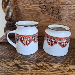 Vintage Aztec Speckled Stoneware Creamer & Sugar Jar, Japan