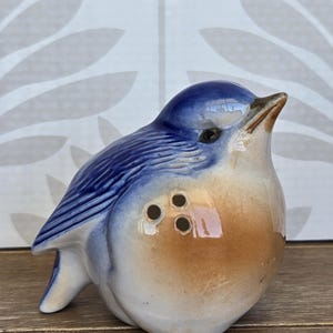 May include: A ceramic bird figurine featuring a glossy finish with a deep blue head and wings, a light tan chest, and a white underbelly. The bird has a small pointed beak, a dark eye, and three small circular holes on its side for dispensing.