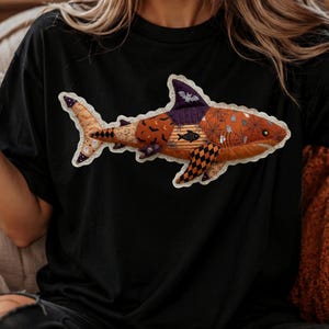 Spooky Shark Comfort Colors Shirt, Faux Patchwork Quilt Halloween Tee, Dark Academia Ghost Bat Black Cat Cottagecore Fall Graphic T-Shirt