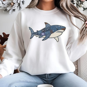 Shark Faux Patchwork Denim Sweatshirt, Galaxy Celestial Oceancore Crewneck, Coastal Coquette Shark Sweater, Gift for Shark Marine biologist