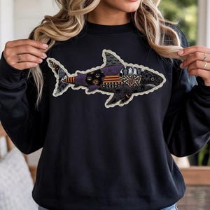 Halloween Shark Sweatshirt, Faux Patchwork Quilt Lace Shark Crewneck, Spooky Season, Coastal Cottage Goth Ghost Sweater, Ocean Lover Gift