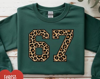 Leopard Print 6 7 Crewneck Sweatshirt Cozy Number 67 Sweater, Six Seven Funny Meme Internet Slang Trend Sweat shirt, gift for teens tween