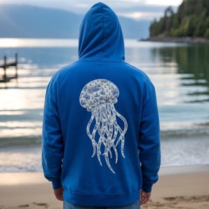 クラゲ柄フェイクパッチワークパーカー、海の生き物好きスウェットシャツ、海洋生物パーカー、クラゲビーチセーター、航海風コケットシャツ
