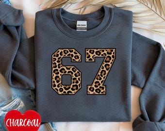 Leopard Print 6 7 Crewneck Sweatshirt Cozy Number 67 Sweater, Six Seven Funny Meme Internet Slang Trend Sweat shirt, gift for teens tween