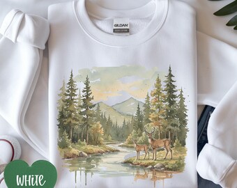 Deer Forest Sweatshirt, Retro Mountain Crewneck, National Park Nature Lover Gift, Wildlife Wilderness Pullover, Woodland Americana Aesthetic