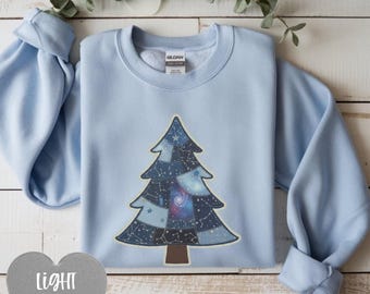 Celestial Faux Patchwork Tree Sweatshirt, Cosmic Denim Look Sweater, Astrology Lover Gift, Astronomy Loving Crewneck, Women in Science Shirt