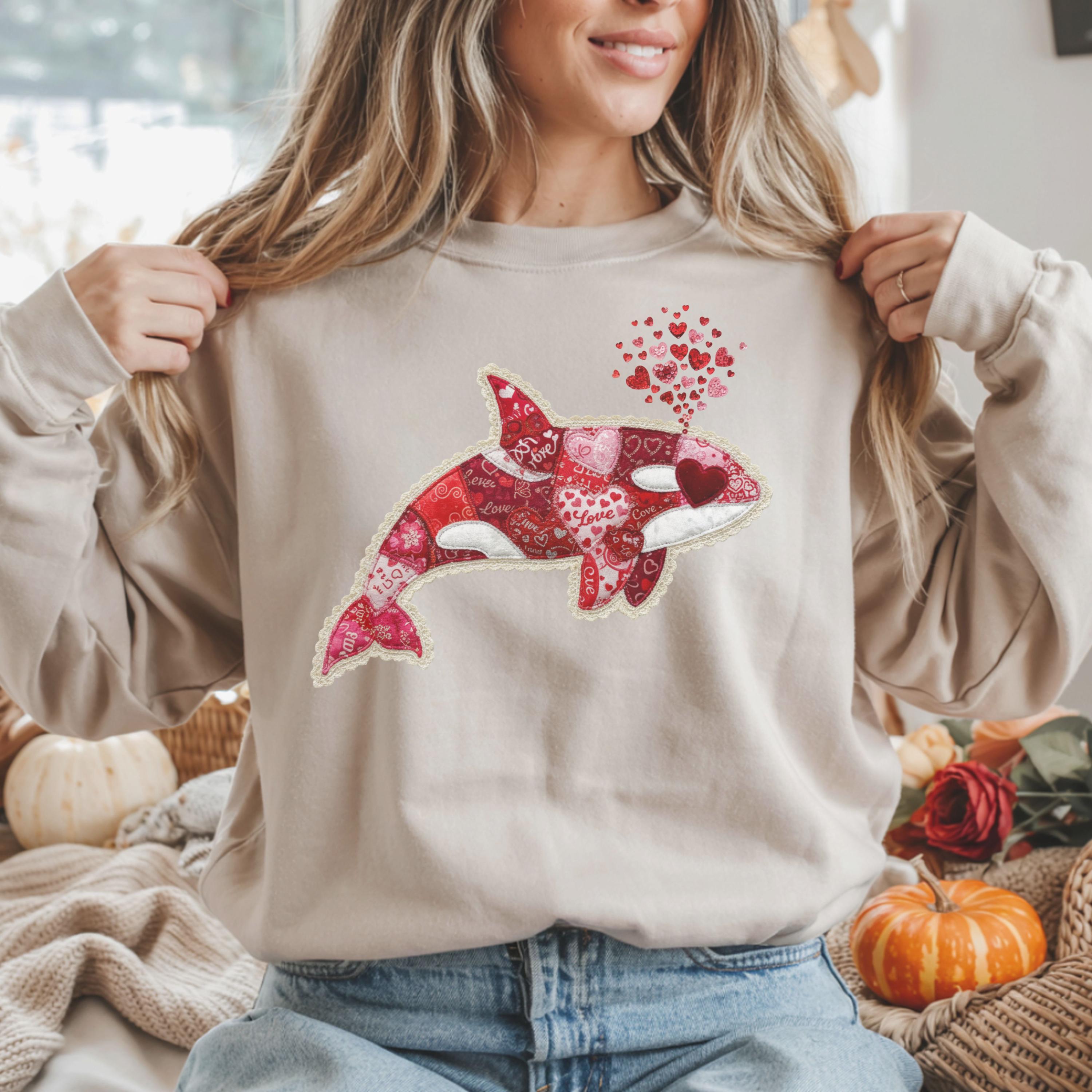 Orca Faux Patchwork Heart Sweatshirt, Coastal Coquette Whale Faux ...
