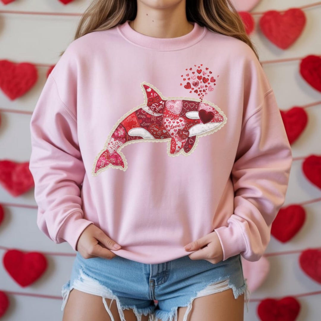 Orca Faux Patchwork Heart Sweatshirt, Coastal Coquette Whale Faux ...