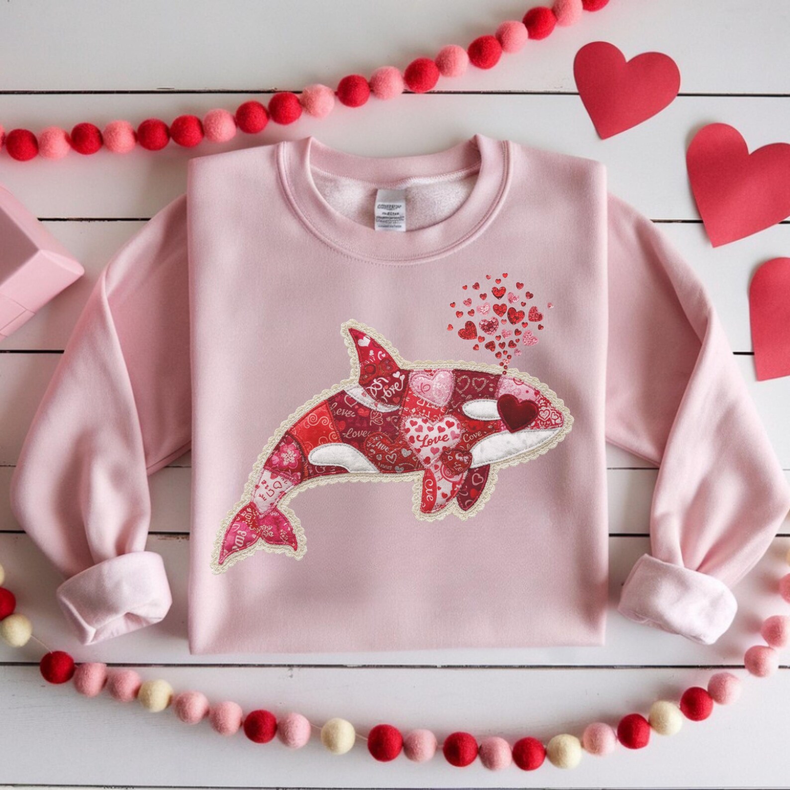 Orca Faux Patchwork Heart Sweatshirt, Coastal Coquette Whale Faux ...