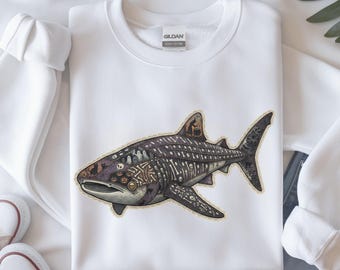 Whale Shark Halloween Sweatshirt, Faux Patchwork Quilt Shark Crewneck, Spooky Season Coastal Coquette Ocean Shirt, Marine Biology Fall Gift