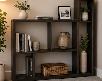 Modern Dark Wood Geometric Bookshelf | Handmade Floor Standing Display Shelf | Contemporary Storage Organizer | Entryway, Living, Office