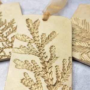 Ceramic Ornament with Nature Inspired Natural Evergreen Impression Christmas Holiday Decoration Gold Small and Medium Set of 3 image 3