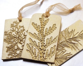 Ceramic Ornament with Nature Inspired Natural Evergreen Impression Christmas Holiday Decoration Gold Small and Medium - Set of 3