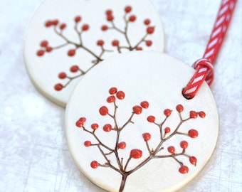 Ceramic Ornaments with Nature Inspired Red Berry Branch Impression Christmas Holiday Year Round Decoration - Set of 2