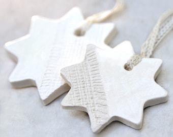 Ceramic Ornaments with Burlap  Impression Christmas Holiday Decoration White Star - Set of 2