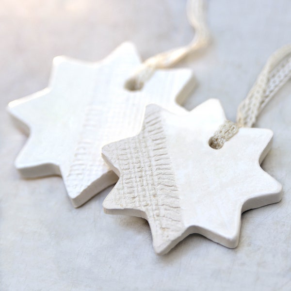 Ceramic Ornaments with Burlap  Impression Christmas Holiday Decoration White Star - Set of 2