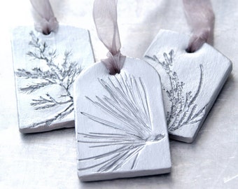 Ceramic Ornaments with Nature Inspired Natural Evergreen Impression Christmas Holiday Decoration Silver - Set of 3