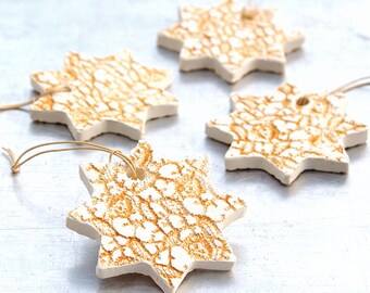 Ceramic Ornament with Lace Impression Christmas Holiday Decoration Star Honey - Set of 4