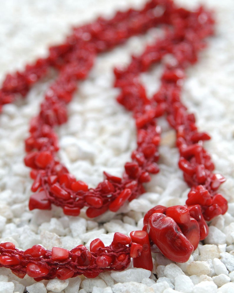 Red Coral Yarn Necklace Handknitted from Deep Red Nylon Etsy