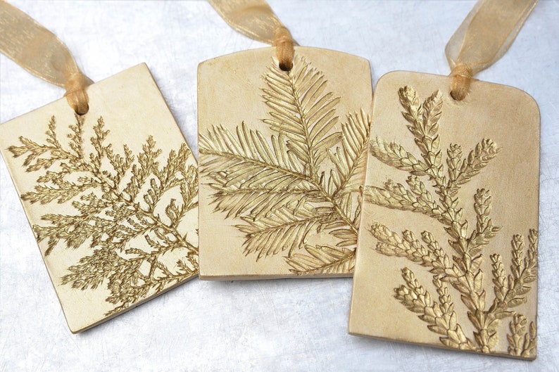 Ceramic Ornament with Nature Inspired Natural Evergreen Impression Christmas Holiday Decoration Gold Small and Medium Set of 3 image 2