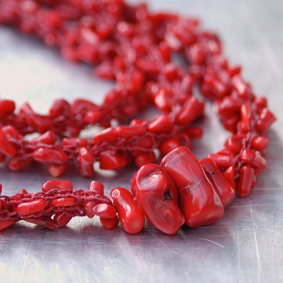 Red Coral Yarn Necklace Handknitted from Deep Red Nylon Etsy