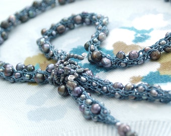 Freshwater Pearls Yarn Necklace - Open End Design Hand-knitted from Teal Colored Nylon Yarn with Peacock Luster Freshwater Pearls