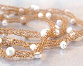 Freshwater Pearls Wire Necklace - Hand-knitted from Gold-toned Stainless Steel Wire with Natural White Freshwater Pearl Accents - Bridal