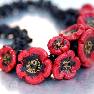 Clay Poppies Yarn Necklace Hand-knitted from Black Nylon Yarn with Black Glass Beads and a Bouquet of Clay Poppies image 1