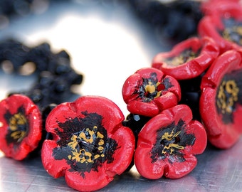 Clay Poppies Yarn Necklace - Hand-knitted from Black Nylon Yarn with Black Glass Beads and a Bouquet of Clay Poppies