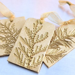 Ceramic Ornament with Nature Inspired Natural Evergreen Impression Christmas Holiday Decoration Gold Small and Medium Set of 3 image 6