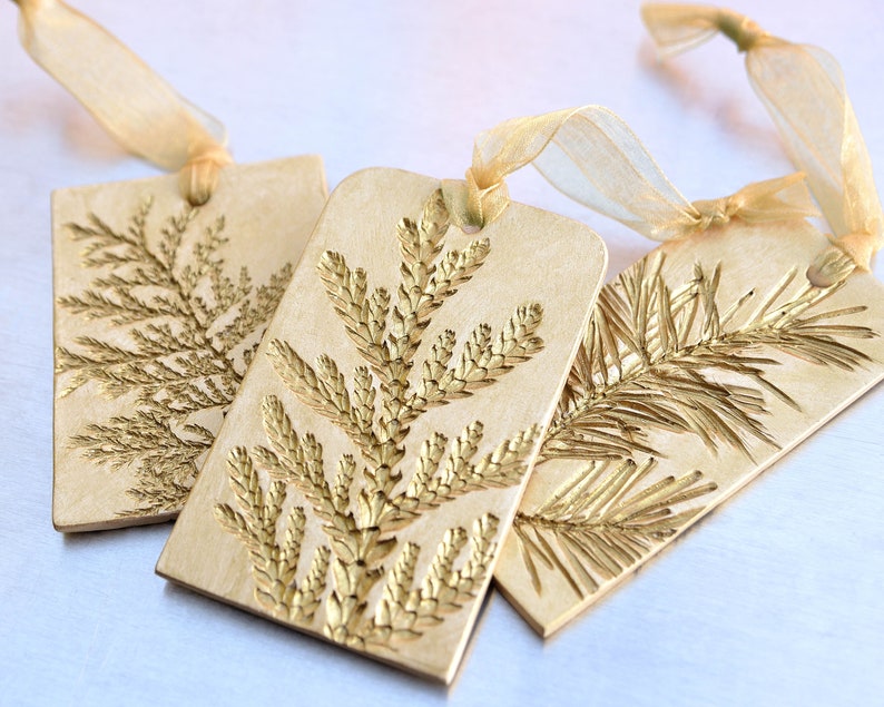 Ceramic Ornament with Nature Inspired Natural Evergreen Impression Christmas Holiday Decoration Gold Small and Medium Set of 3 image 6