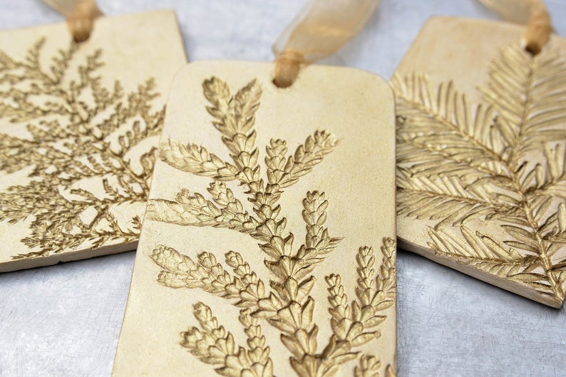 Ceramic Ornament with Nature Inspired Natural Evergreen Impression Christmas Holiday Decoration Gold Small and Medium Set of 3 image 3