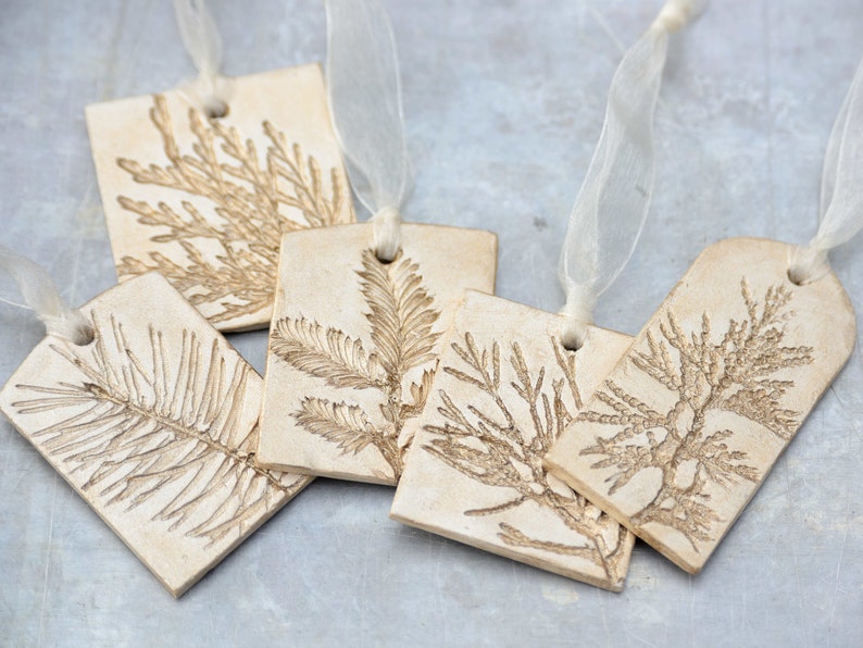 Ceramic Ornaments with Nature Inspired Natural Evergreen Impression Christmas Holiday Decoration Champagne Gold Set of 5 ETSY'S PICK image 5