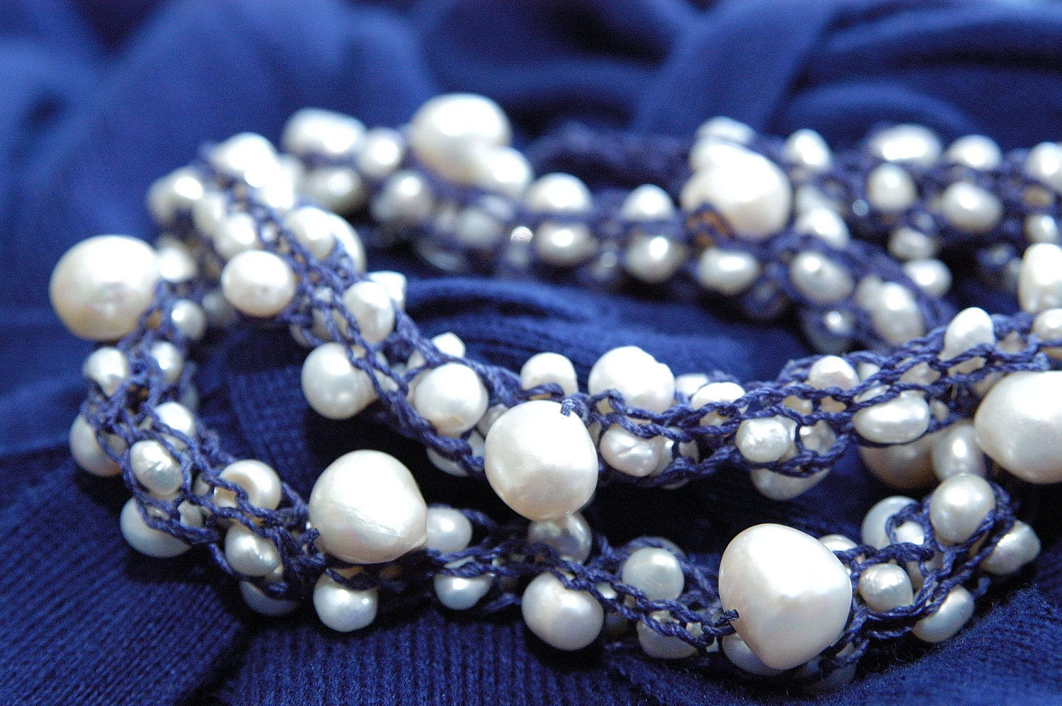 Freshwater Pearls Yarn Necklace Handknitted From Royal Blue Etsy