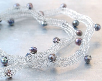 Freshwater Pearls Wire Necklace - Hand-knitted from Stainless Steel Wire with Peacock Freshwater Pearl Accents