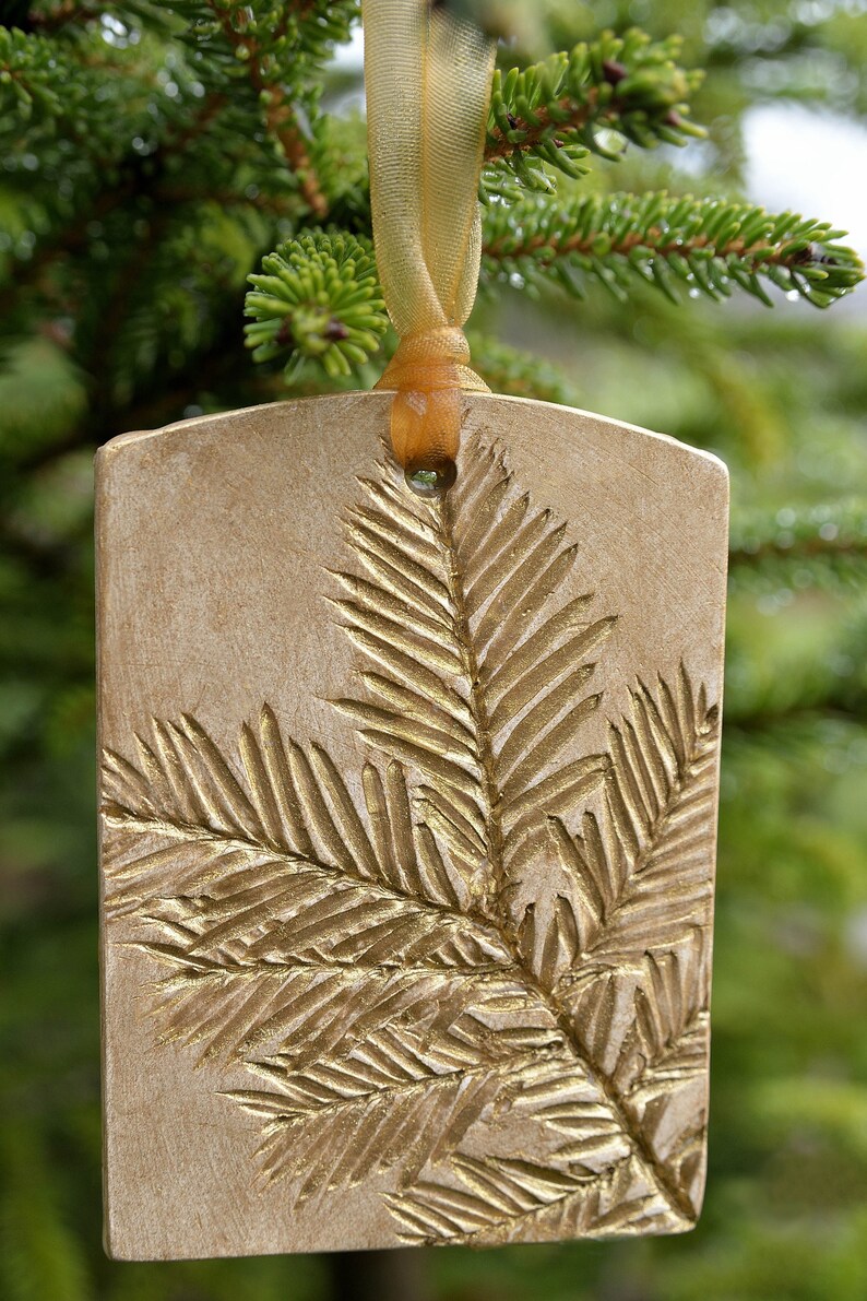 Ceramic Ornament with Nature Inspired Natural Evergreen Impression Christmas Holiday Decoration Gold Small and Medium Set of 3 image 7