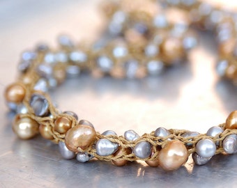 Knitted Freshwater Pearl Necklace - Hand-knitted from Antique Golden Nylon Yarn with Gold and Silver Freshwater Pearls - Bridal Necklace