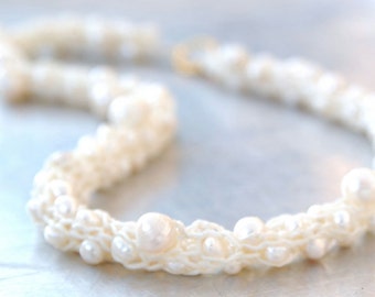 Freshwater Pearl Yarn Necklace - Hand-knitted from Cream Colored Nylon Yarn with Natural White Freshwater Pearls