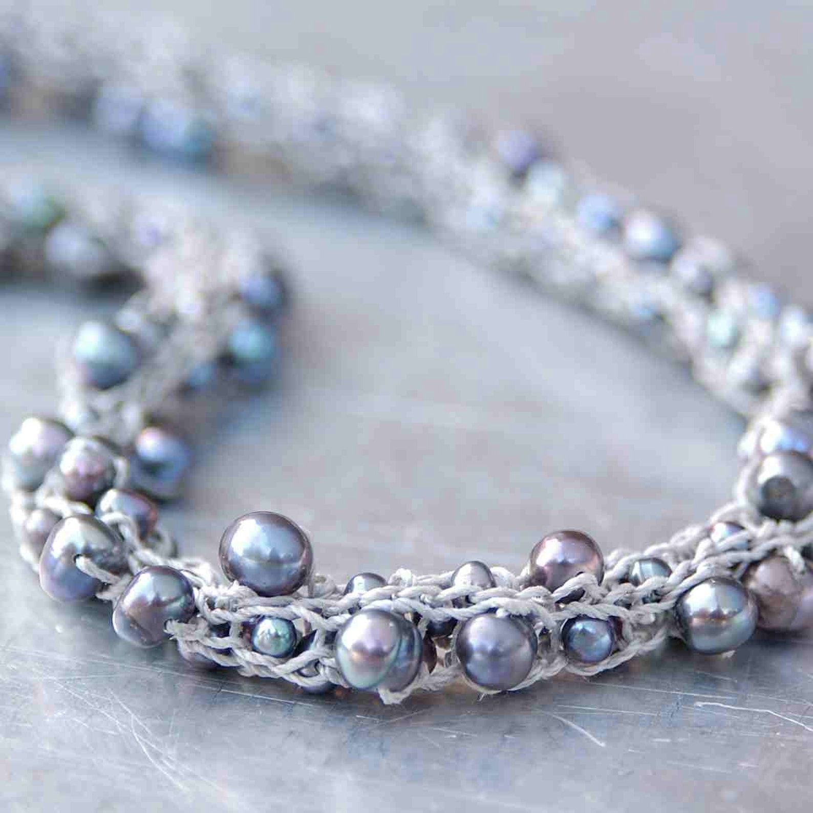 Freshwater Pearls Yarn Necklace Handknitted From Gunmetal Etsy