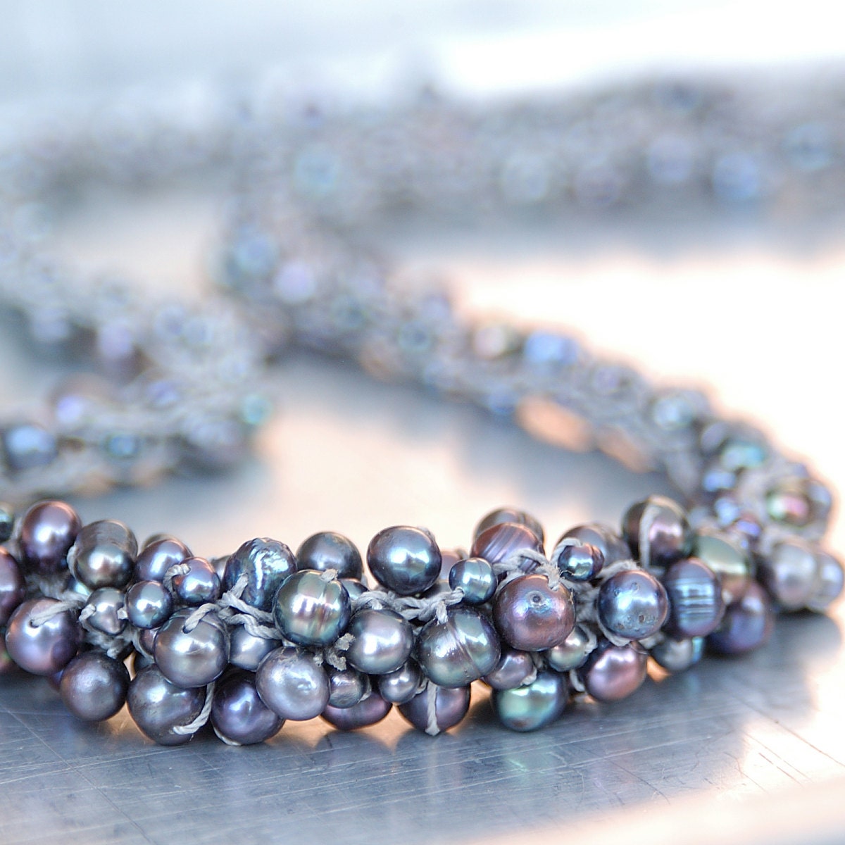 Freshwater Pearls Yarn Necklace Handknitted From Gray Nylon Etsy