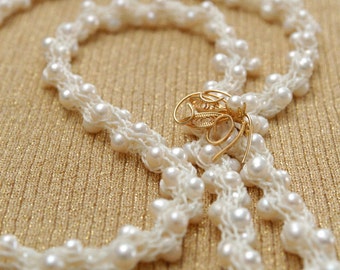 Freshwater Pearls Yarn Necklace - OOAK Heirloom Open End Design Knitted from Cream White Nylon Yarn with White Freshwater Pearls - Bridal