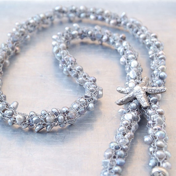 Hand-Knitted Silver Freshwater Pearls Necklace - Stainless Steel Wire - Tribal Silver Starfish
