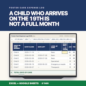 May include: A digital Foster Care Expense Log spreadsheet template for Excel and Google Sheets. The interface displays columns for child or case number, date placed, date left, level of care, daily rate, and monthly totals with sample data.